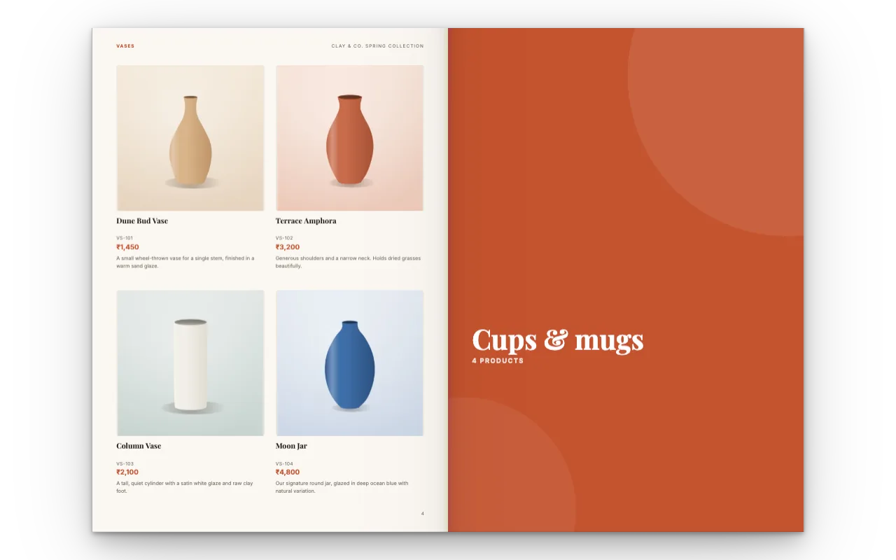 A flipbook product catalog made from product photos: four vases with names and prices in rupees on the left page, a Cups & mugs section on the right.