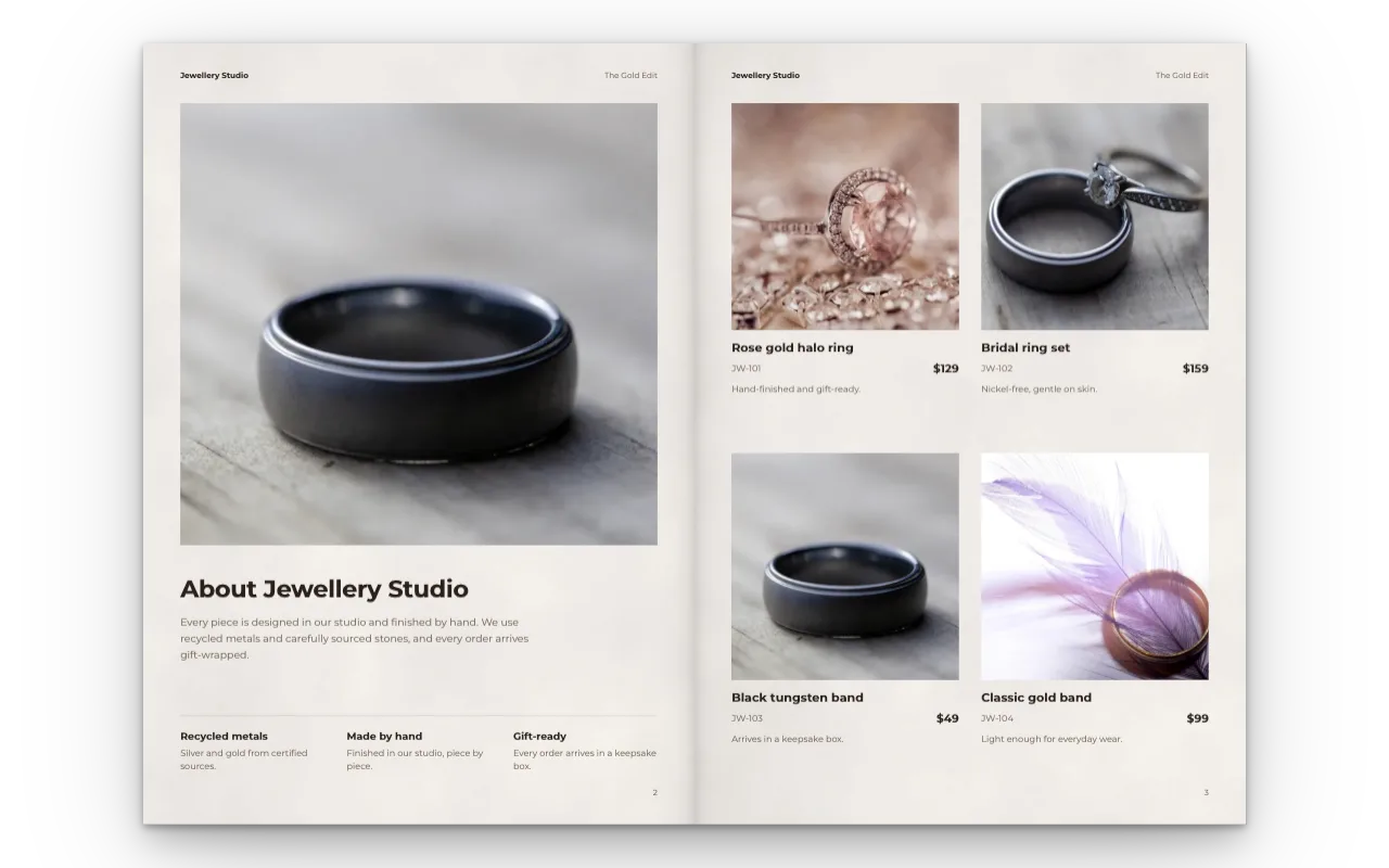 A jewellery catalogue spread with product photos, names and prices.