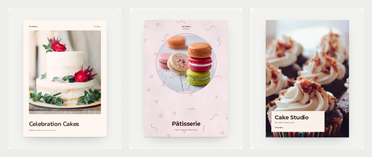 Three cake covers: Celebration Cakes with a two-layer cake and a red flower, Pâtisserie in pastel pink with a round photo of macarons, and Cake Studio with a full-page photo of cupcakes