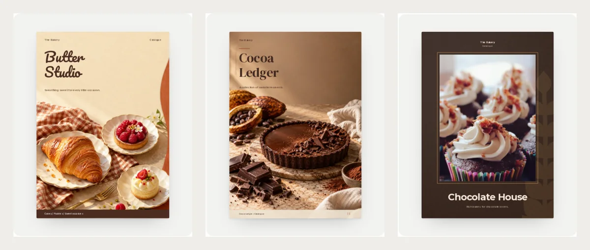 Three finished bakery catalogue covers: Butter Studio with a croissant and berry tarts on a checked cloth, Cocoa Ledger with a chocolate tart and cacao pods, and Chocolate House with cupcakes in a gold frame on dark brown