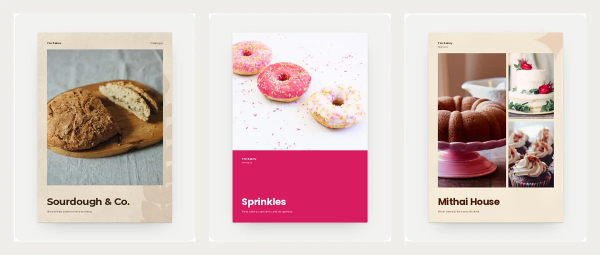 Three more covers: Sourdough and Co with a loaf of bread on a board, Sprinkles with pink doughnuts above a pink band, and Mithai House with a three-photo cover of cakes