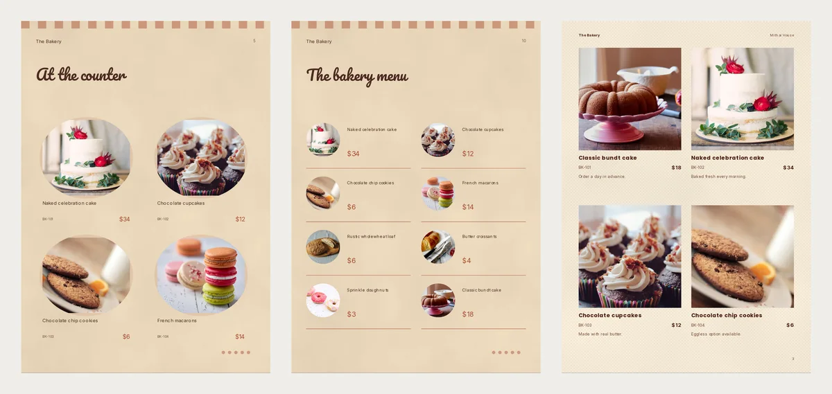 Three finished inside pages: Butter Studio with four round photos of bakes and prices, Butter Studio with a menu of eight items, and Mithai House with four big photos, names and prices