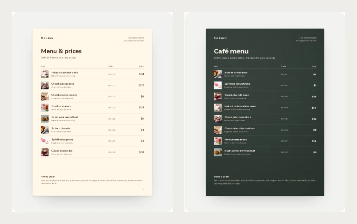 Two bakery menu cards: a cream Menu and prices card and a dark green Cafe menu card, each listing eight bakes with photos and prices