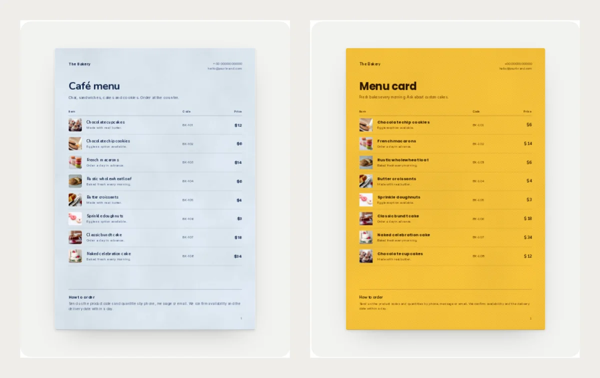 Two bakery menu cards: a pale blue Cafe menu with a red accent and a sunny yellow Menu card, each with photos, names and prices