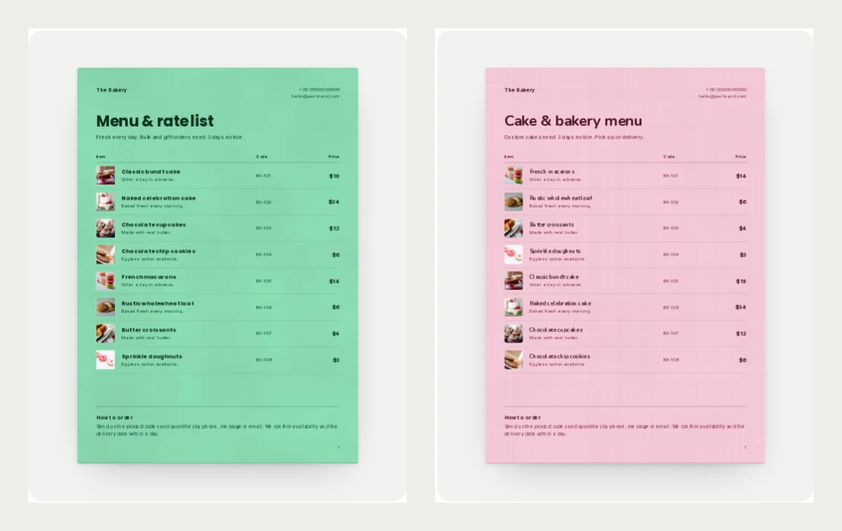 Two bakery menu cards: a bright pistachio green Menu and rate list and a strawberry pink Cake and bakery menu