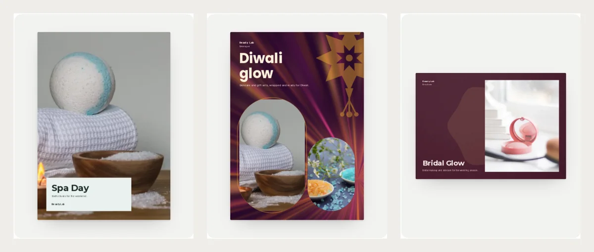Three gift and festive beauty designs: the Spa Day lookbook with a bath bomb on a towel, the Diwali Glow catalogue in plum and gold, and the Bridal Glow brochure in burgundy