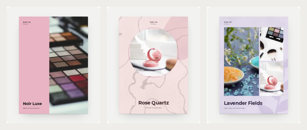 Three finished make-up catalogue covers: Noir Luxe with an eyeshadow palette beside a pink panel, Rose Quartz in pink marble with a round blush photo, and Lavender Fields with a three-photo cover