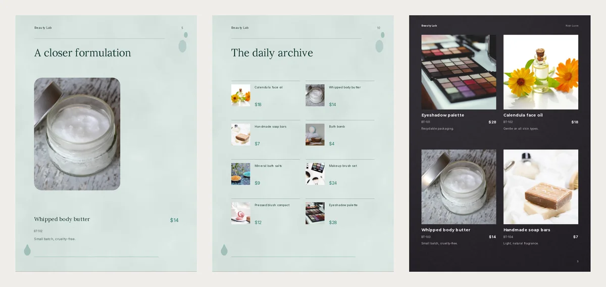 Three finished inside pages: a Dew Archive page with one body butter and its price, a Dew Archive list of eight products with prices, and a Noir Luxe page of four products with codes