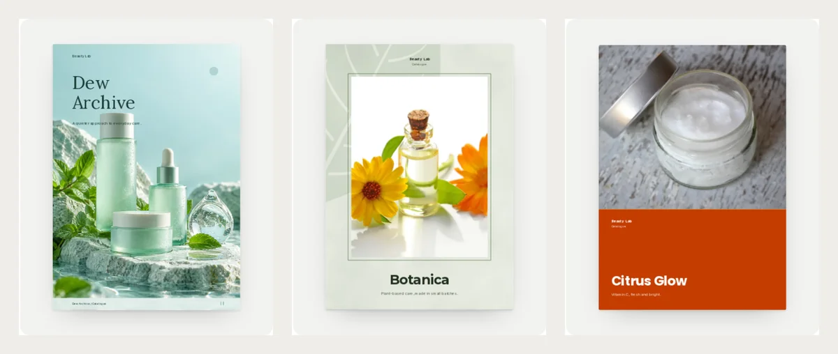 Three finished skincare catalogue covers: Dew Archive in mint with glass bottles on a stone, Botanica in pale green with a calendula oil bottle, and Citrus Glow with a cream jar over an orange band