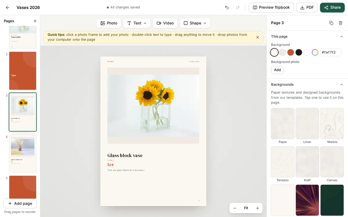 A finished product page for a glass block vase with sunflowers, the name in a serif heading font and the price and description in a small plain font