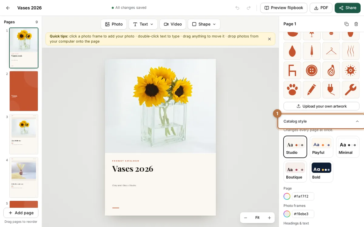 The CatalogLeaf editor for a vase catalogue with the Catalog style heading highlighted in the right panel, above the five style cards