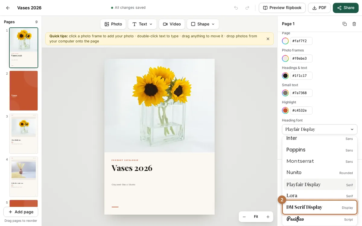 The Heading font list open in the editor, showing Inter, Poppins, Montserrat, Nunito, Playfair Display, Lora, DM Serif Display and Pacifico, with DM Serif Display highlighted