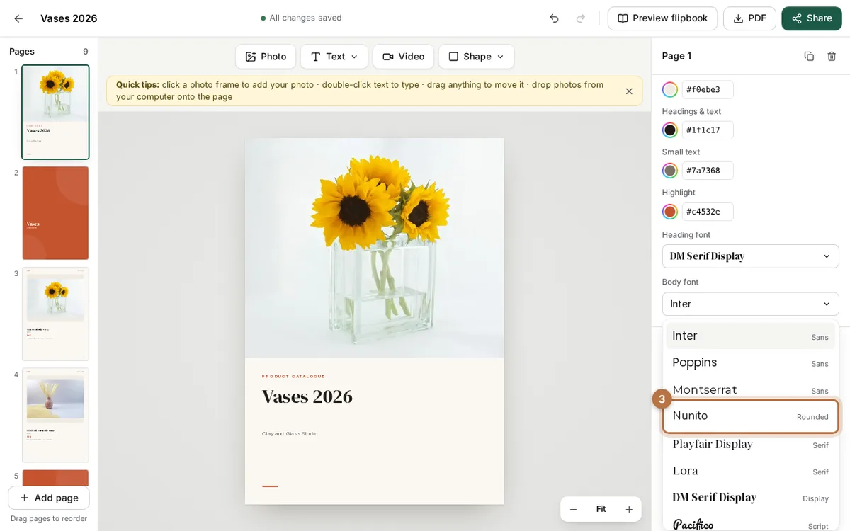 The Body font list open under the Heading font box, with Nunito highlighted and DM Serif Display already chosen as the heading font