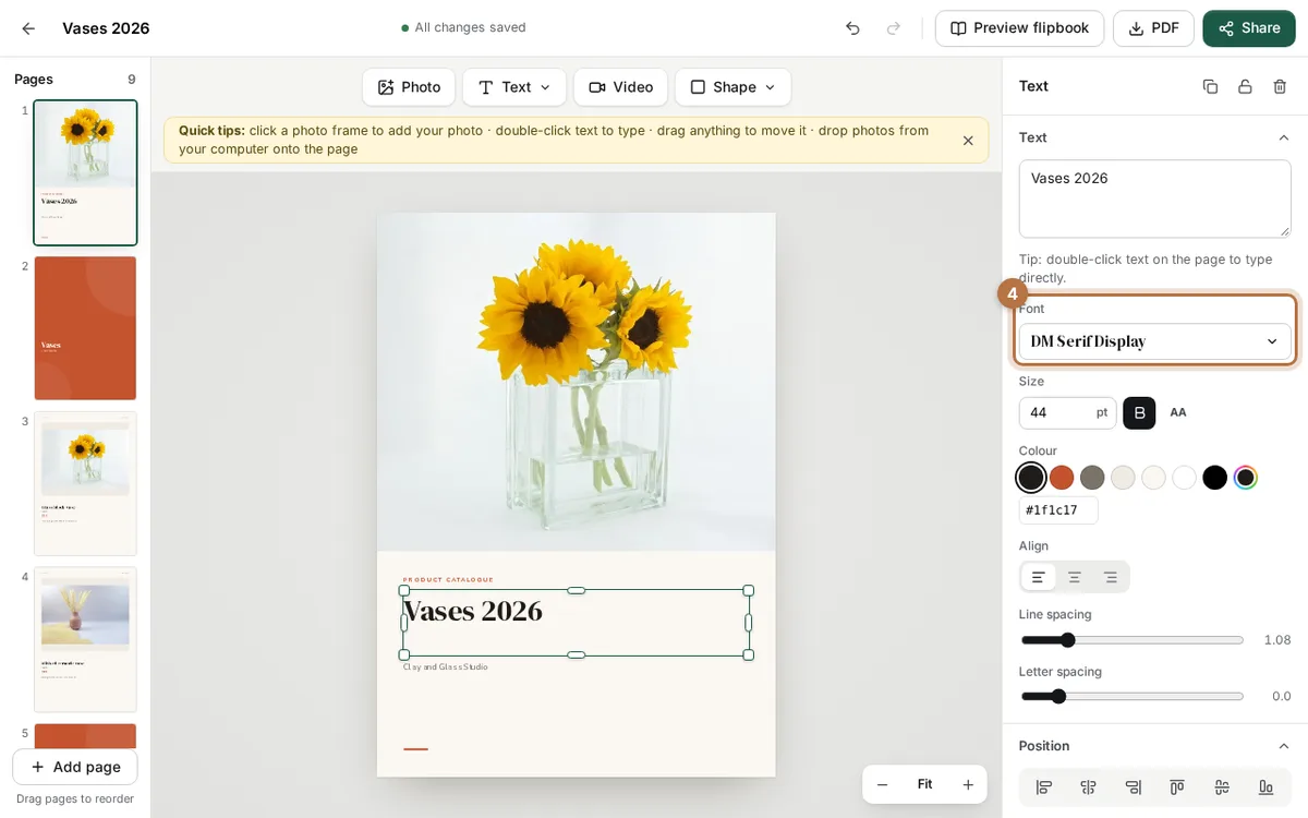 The cover title Vases 2026 selected on the page and the Font box highlighted in the Text panel, showing DM Serif Display