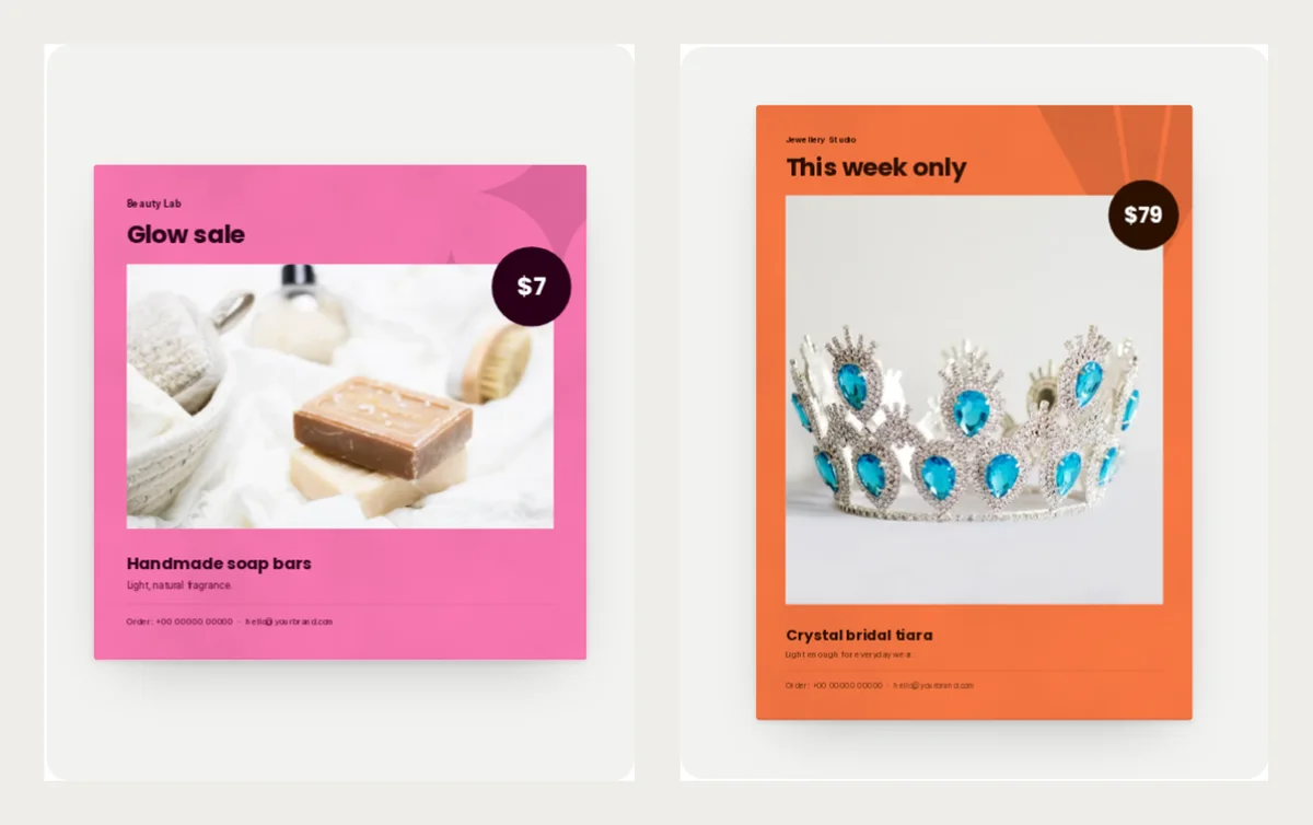 Two finished sale flyers: a pink square Glow sale flyer for handmade soap bars at $7, and an orange tall This week only flyer for a crystal tiara at $79