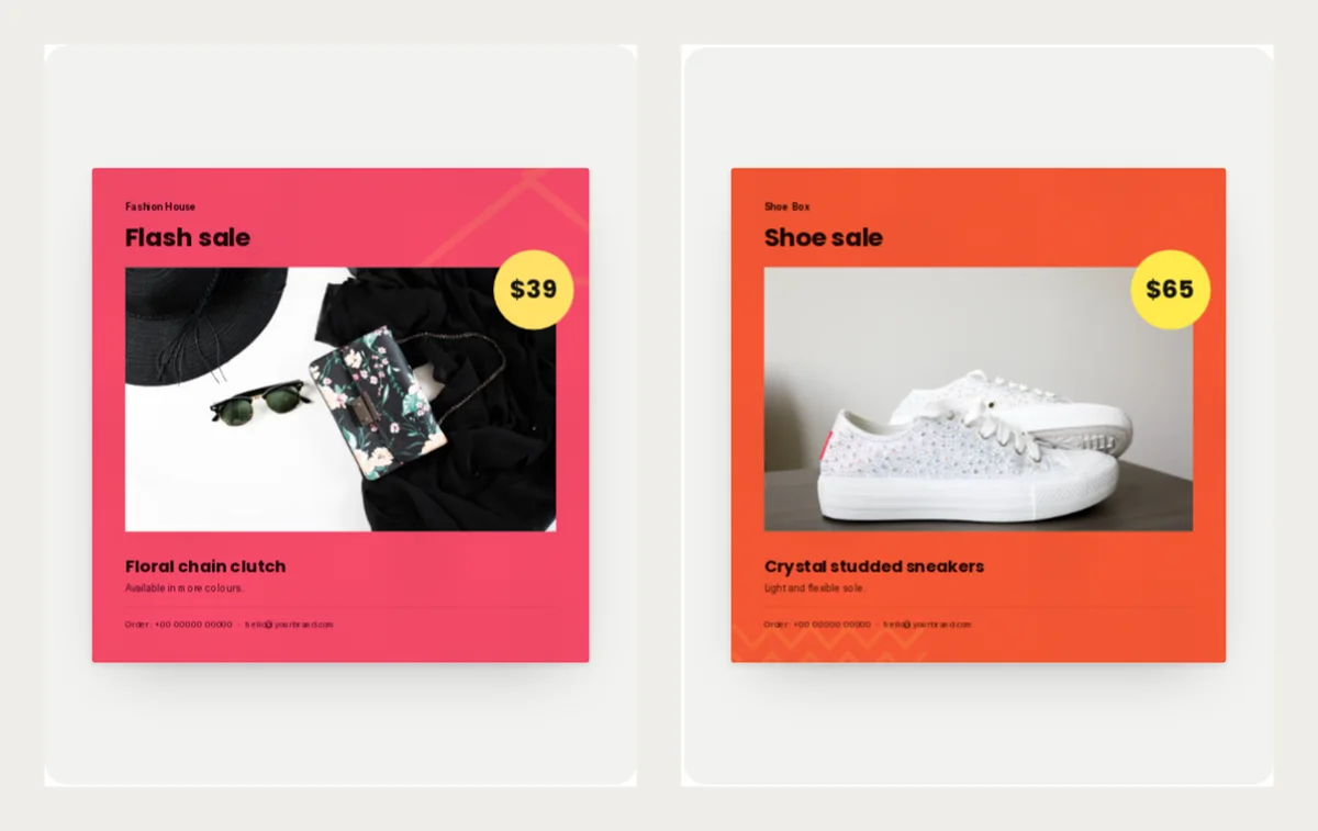 Two finished sale flyers: a pink Flash sale flyer with a clutch bag, sunglasses and hat at $39, and a tomato red Shoe sale flyer with white sneakers at $65