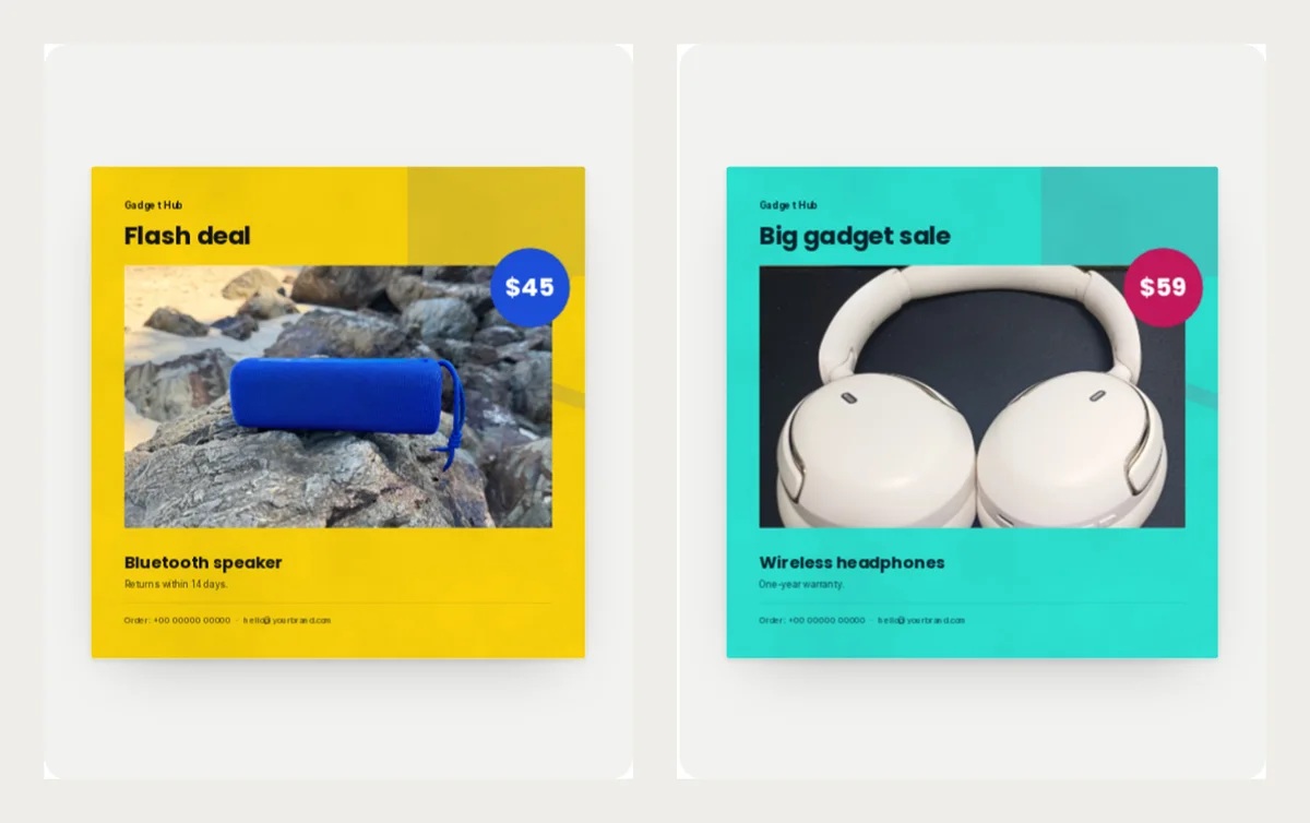 Two finished sale flyers: a yellow Flash deal flyer for a blue Bluetooth speaker at $45, and an aqua Big gadget sale flyer for white wireless headphones at $59