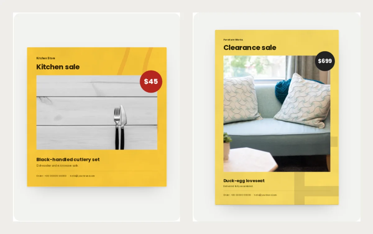 Two finished sale flyers: a yellow square Kitchen sale flyer for a cutlery set at $45 with a red badge, and a yellow tall Clearance sale flyer for a blue loveseat at $699 with a black badge