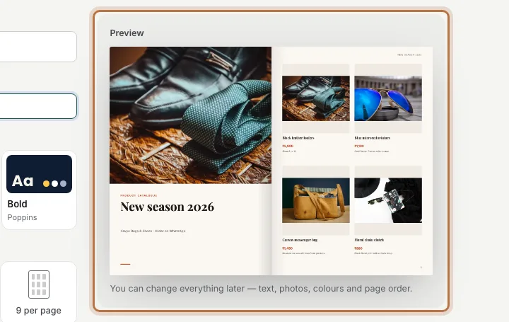 The same catalog with four products on the page, full names like Black leather loafers, a short line under each and prices in rupees