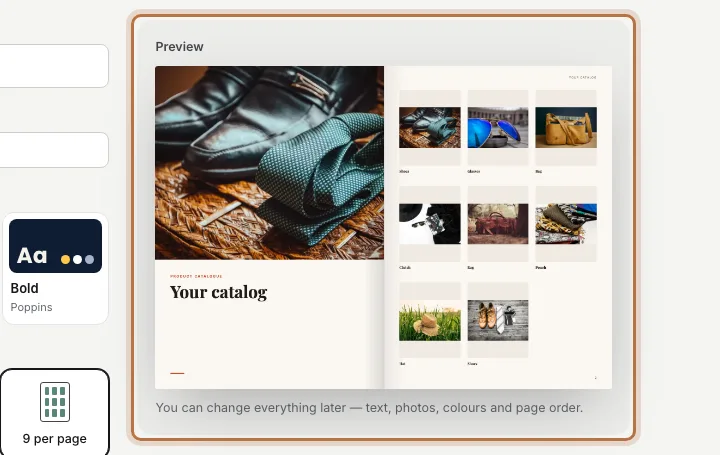 A catalog preview with nine small photos of bags, shoes and sunglasses on one page, short names like Bag and Shoes, and no prices