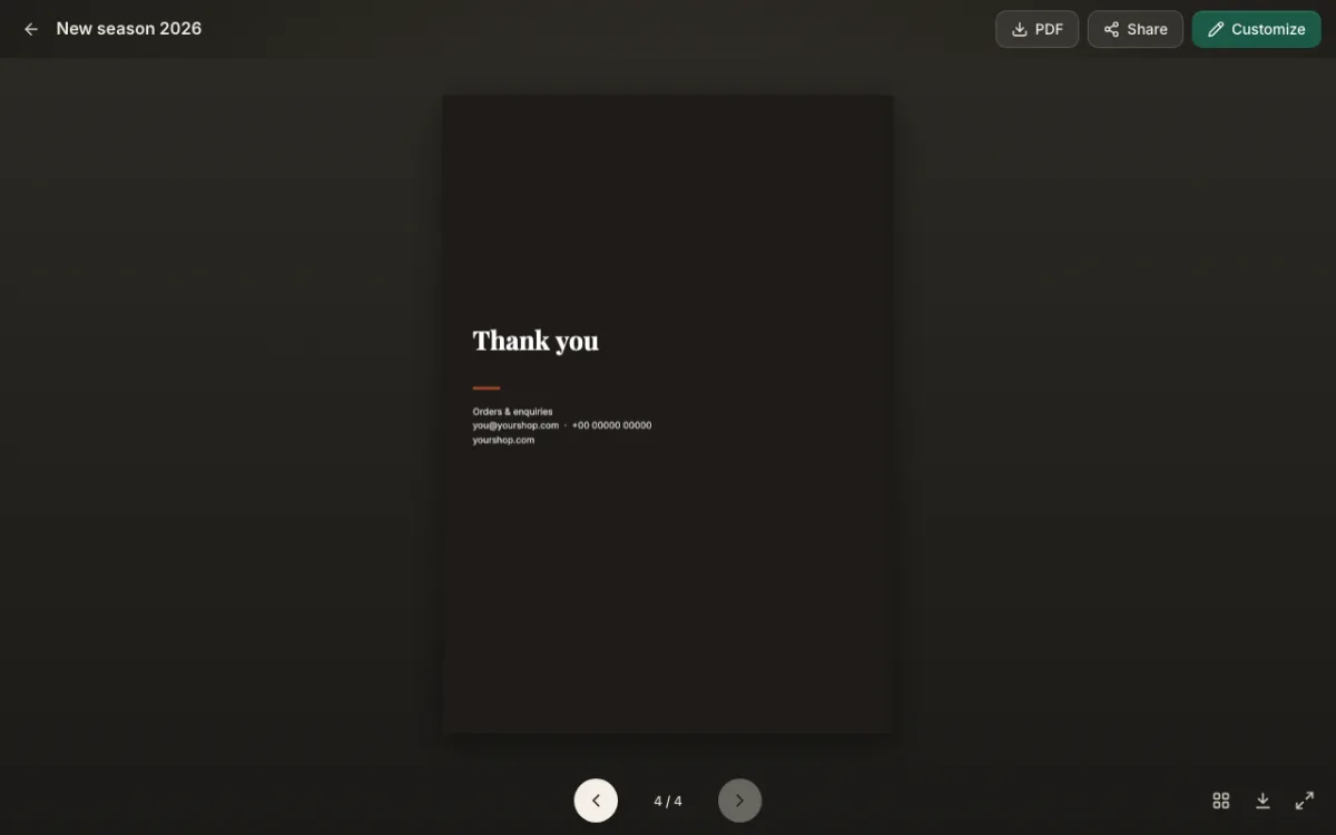 The last page of the catalog, a Thank you page that still shows the sample email you@yourshop.com and the phone number +00 00000 00000