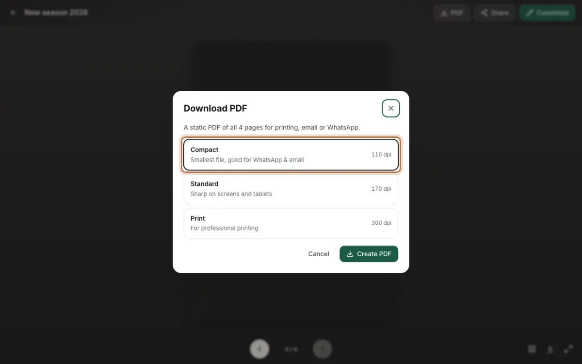 The Download PDF window with the Compact option highlighted, above Standard and Print