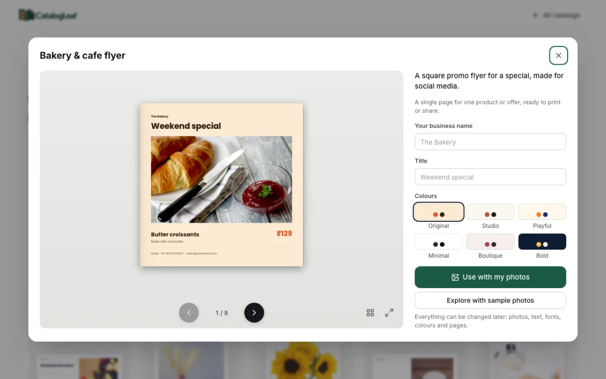 The Bakery and cafe flyer template: a square page with the headline Weekend special, a photo of butter croissants and the price 129 rupees