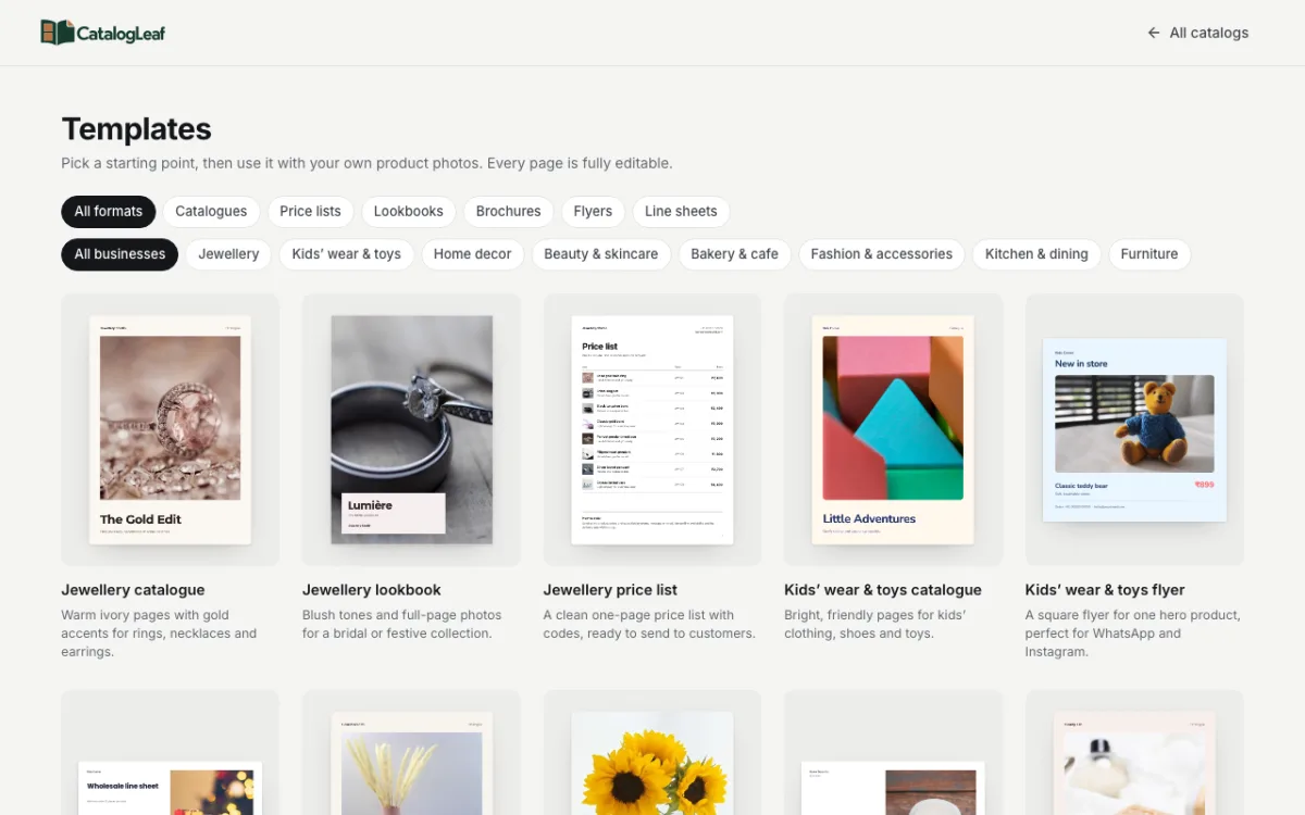 The CatalogLeaf Templates page with Format filters like Catalogues, Price lists and Flyers, Business filters, and template cards for jewellery and kids shops
