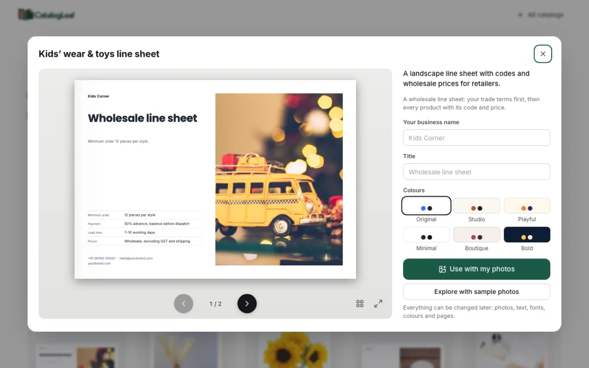The Kids wear and toys line sheet template: a wide first page with the title Wholesale line sheet, trade terms like minimum order and payment, and a toy van photo