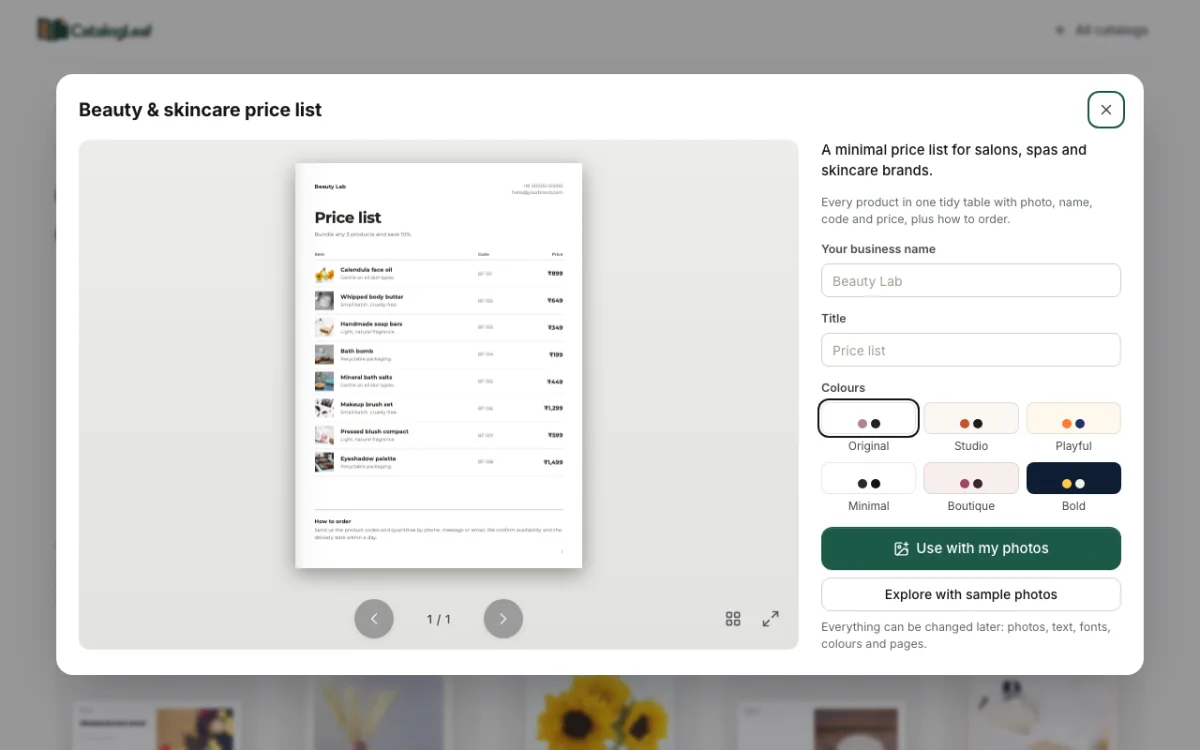 The Beauty and skincare price list template: one page with a small photo, name, code and price in rupees for each product, and a How to order note