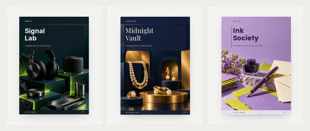 Three finished catalogue covers with colours taken from the photo: Signal Lab in dark green with headphones, Midnight Vault in navy with a gold necklace, and Ink Society in purple with a fountain pen