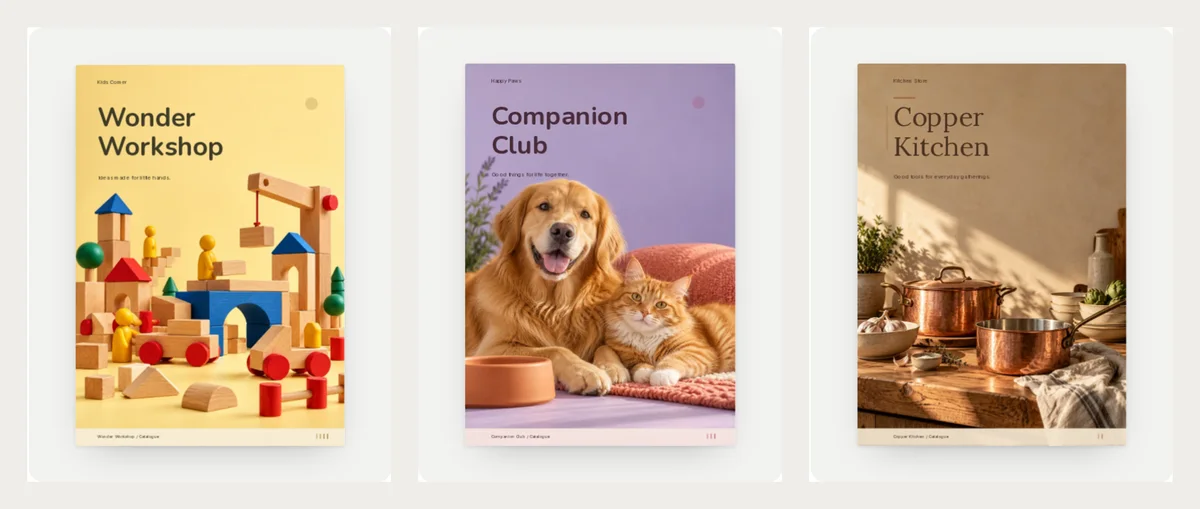 Three finished catalogue covers: Wonder Workshop with a pile of wooden toy blocks, Companion Club with a golden dog and a cat, and Copper Kitchen with copper pots on a wooden counter