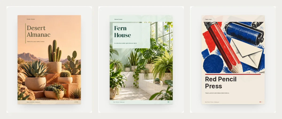 Three finished catalogue covers with space for the title: Desert Almanac with cacti under a pale sky, Fern House with ferns in a bright greenhouse, and Red Pencil Press with a red pencil and envelope on cream paper