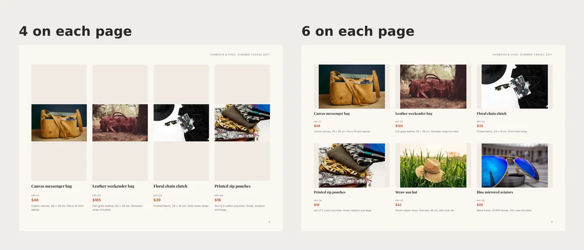 Two A4 landscape pages. Left: four tall frames with small bag photos in the middle and empty space above and below. Right: six products in two rows, each photo nearly filling its frame