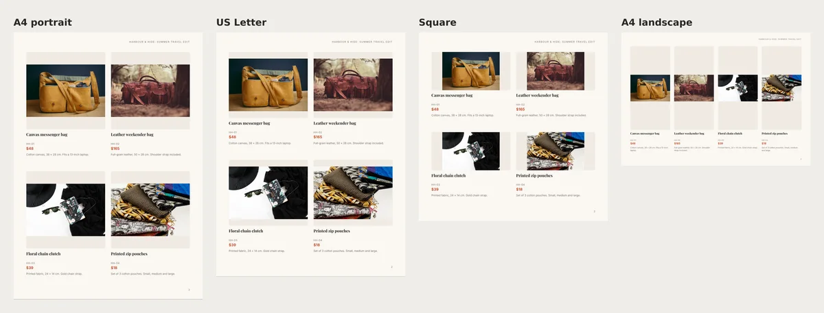 Page 2 of the same catalogue in four sizes, each shown at the same width: A4 portrait and US Letter with four large bag photos, Square with smaller photos, and A4 landscape with four thin columns and tiny photos