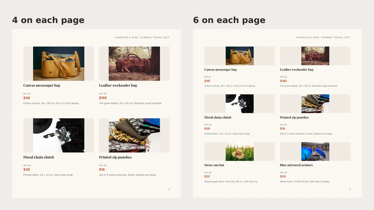 Two square pages. Left: four products with medium photos. Right: six products in three rows, each photo squeezed into a short strip with wide empty sides