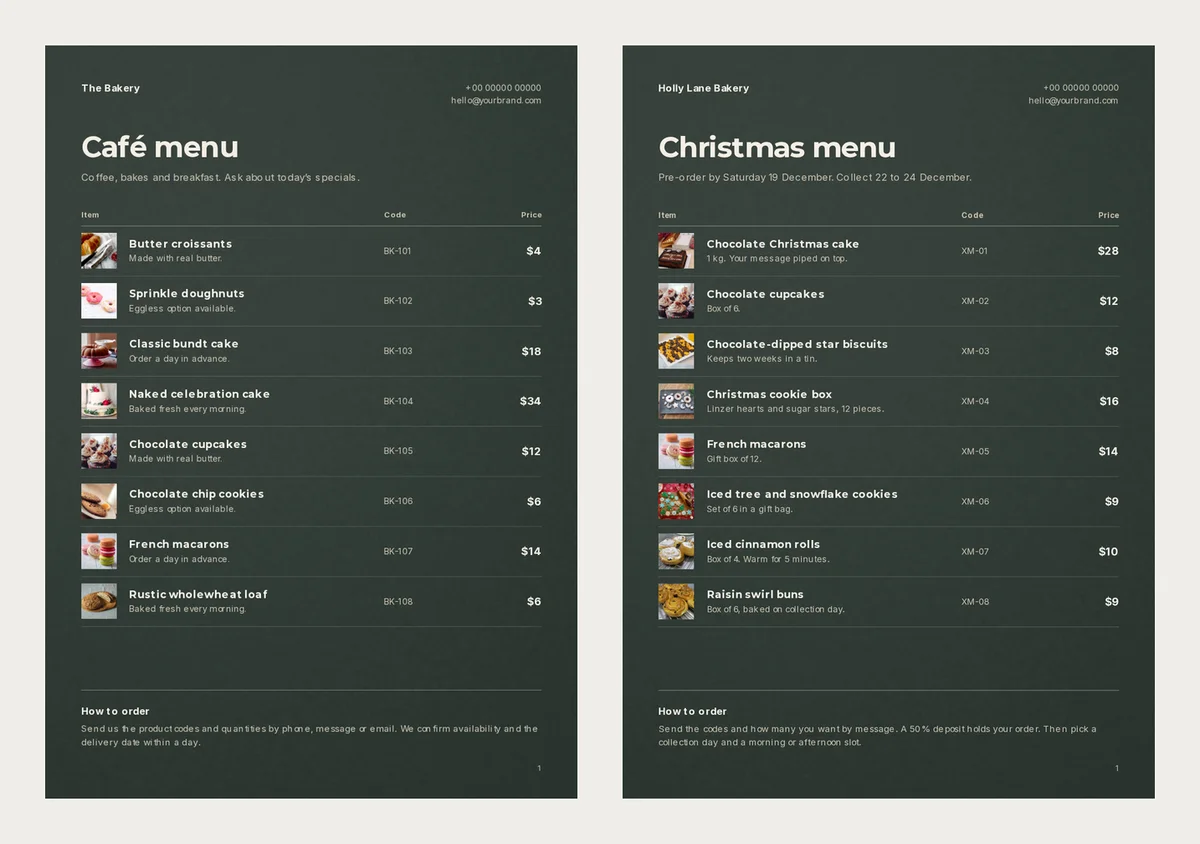 The same menu card twice: on the left the everyday Café menu with croissants and doughnuts, on the right the Christmas menu with cookie boxes, a Christmas cake, cinnamon rolls and a last order date
