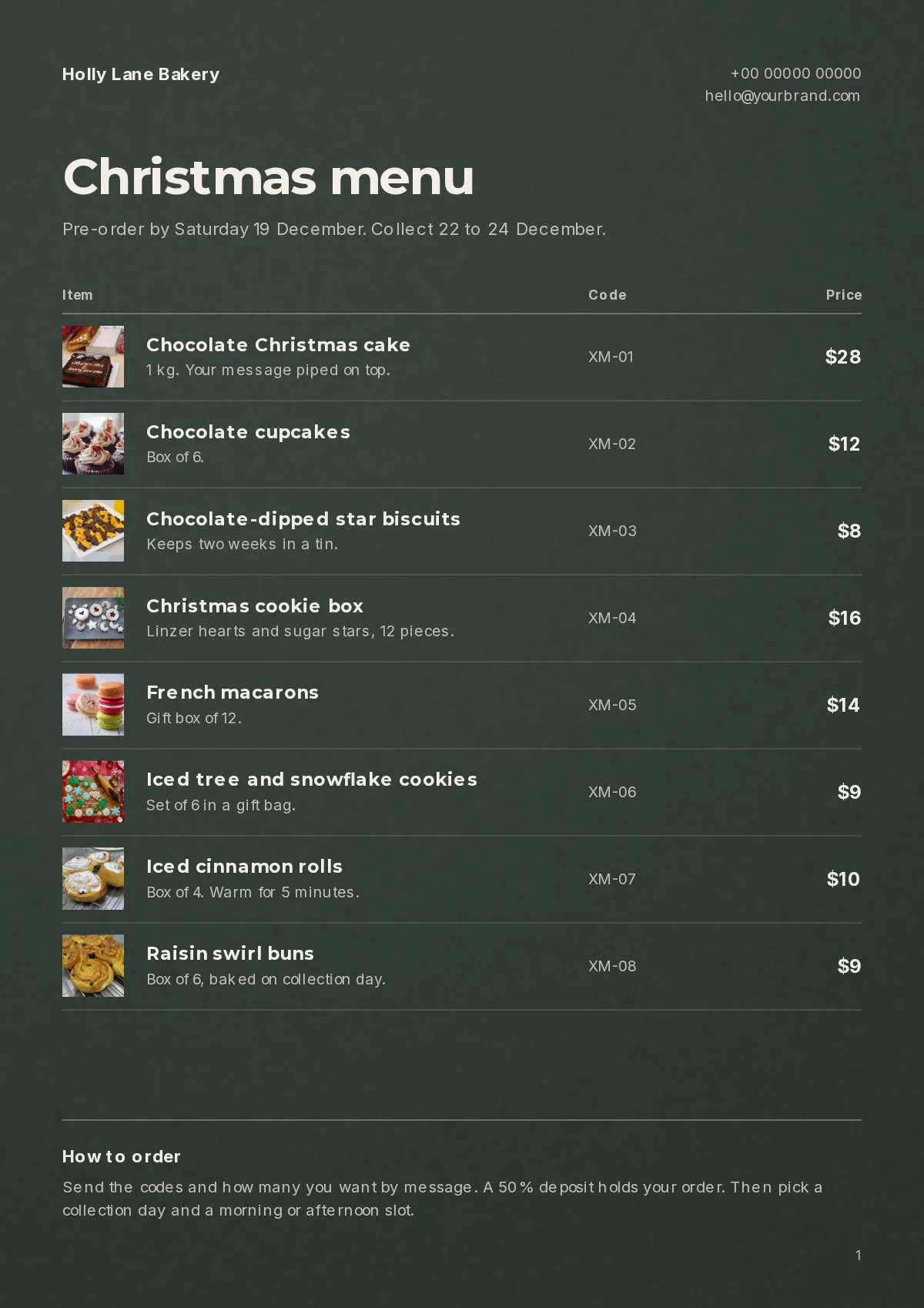 A finished one-page Christmas menu for Holly Lane Bakery on a dark green board: eight bakes with small photos, codes XM-01 to XM-08 and prices, a pre-order date under the title and a how to order note