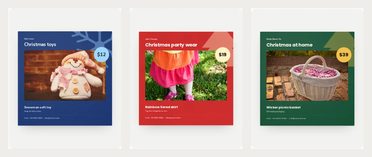 Three finished square Christmas flyers side by side: a navy Christmas toys flyer with a snowman soft toy at $12, a red Christmas party wear flyer with a rainbow skirt at $19, and a green Christmas at home flyer with a wicker picnic basket at $39