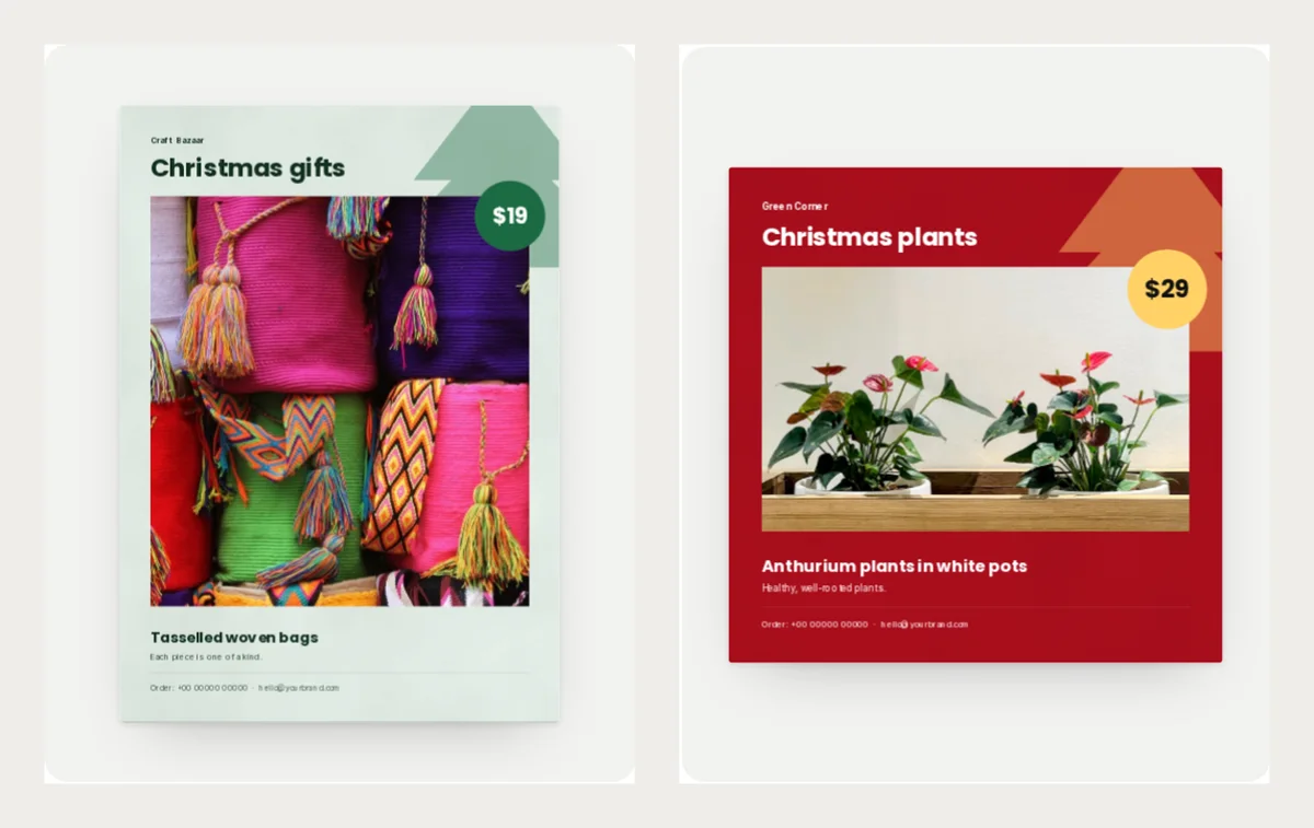 Two finished Christmas flyers: a pale green tall flyer with tasselled woven bags at $19, and a red square flyer with two anthurium plants in white pots at $29