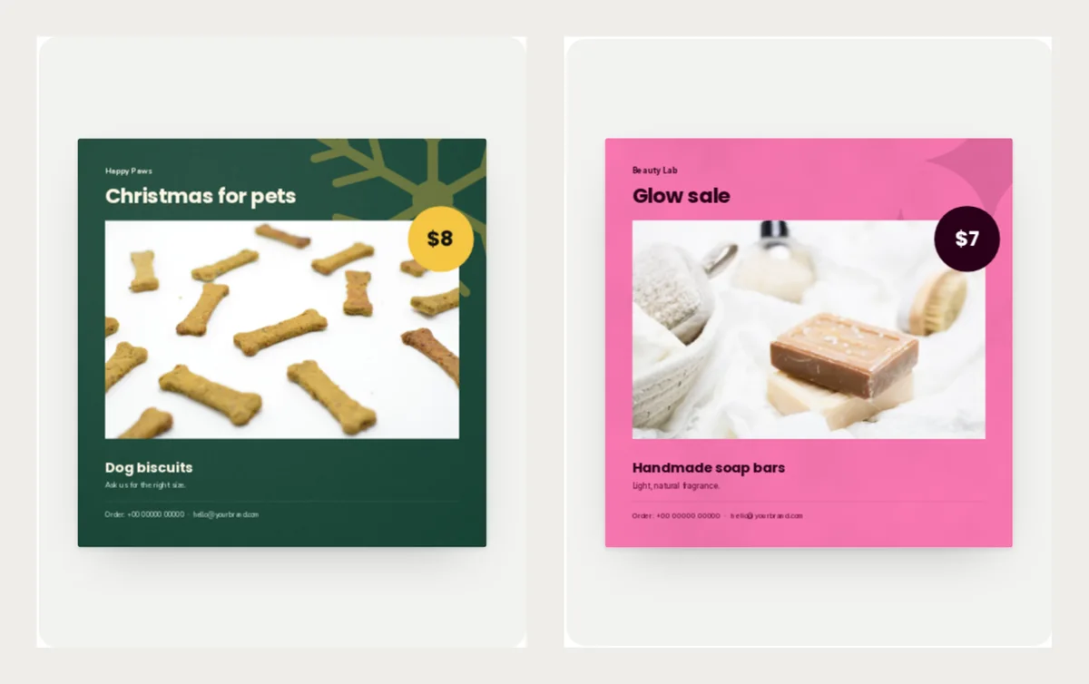 Two finished flyers: a dark green Christmas for pets flyer with dog biscuits at $8, and a pink Glow sale flyer with handmade soap bars at $7