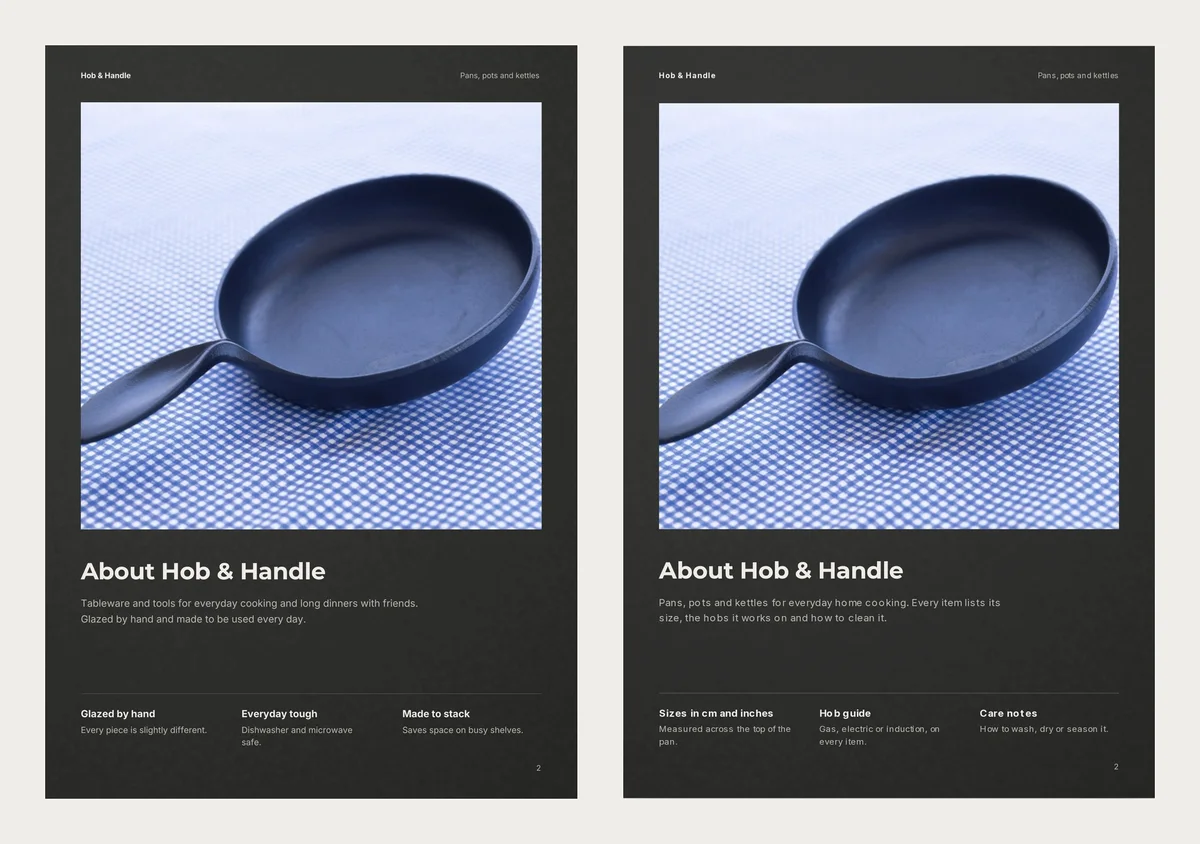 The same About page twice: on the left the sample text about glazed tableware that is dishwasher safe, on the right new text about sizes, hob types and care notes