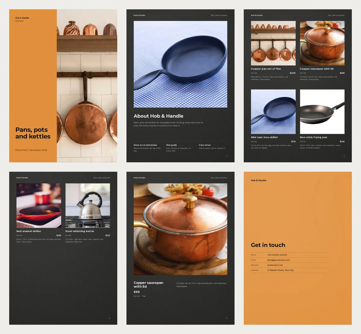 Six finished pages of the Hob & Handle catalogue: an orange cover with copper pans, an About page, two pages of pans and a kettle with prices, a full page for the copper saucepan, and an orange contact page