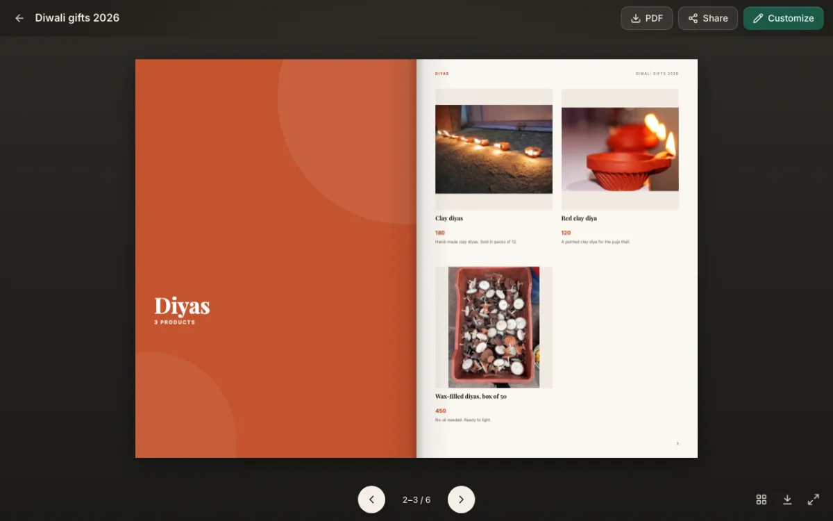 A Diyas section page next to a page with clay diyas, a red clay diya and wax-filled diyas, each with a price