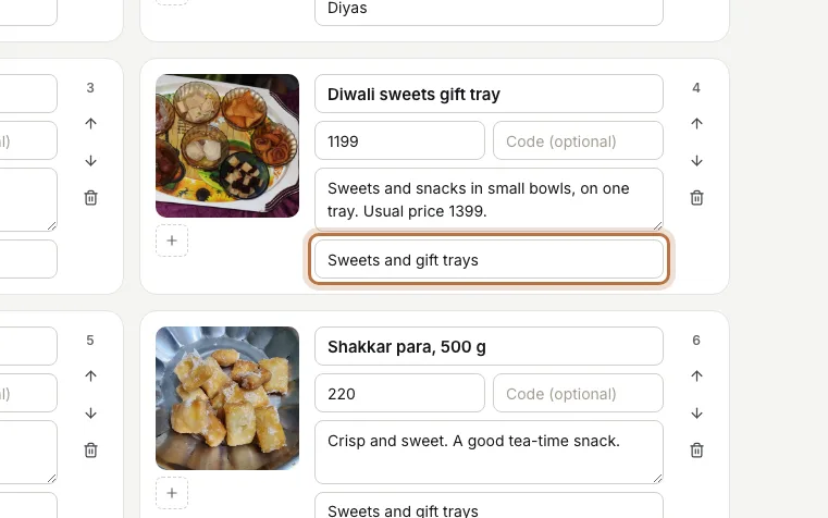 A product card for a Diwali sweets gift tray with its price, the usual price in the description, and the category box highlighted