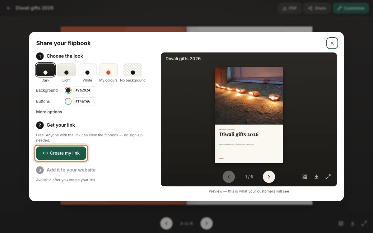 The Share your flipbook window with the Create my link button highlighted