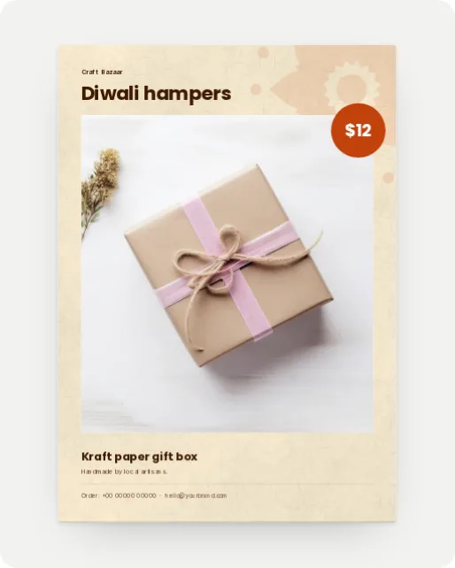A cream A4 Diwali hampers flyer on kraft paper, showing a gift box tied with string and a round orange price badge of $12