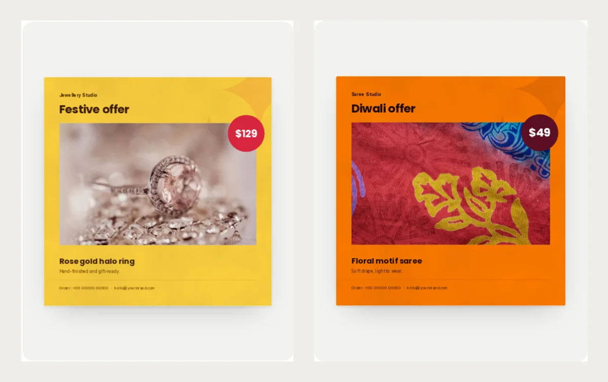 Two square Diwali flyers: a yellow Festive offer flyer for a rose gold ring at $129 and a saffron Diwali offer flyer for a floral saree at $49