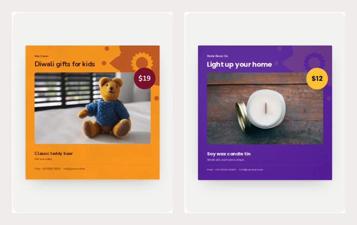 Two square Diwali flyers: an orange one for a teddy bear at $19 and a purple one for a soy wax candle tin at $12