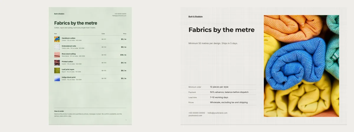 The Meter Rate price list with six fabrics, codes and prices per metre, next to the Mill Direct line sheet cover that says Minimum 50 metres per design above a table that says 12 pieces per style